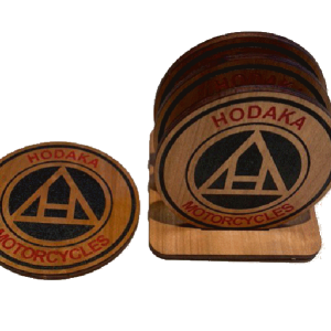 Hand Painted Lazer Cut Wooden Hodaka Logo Coaster Set with Stand